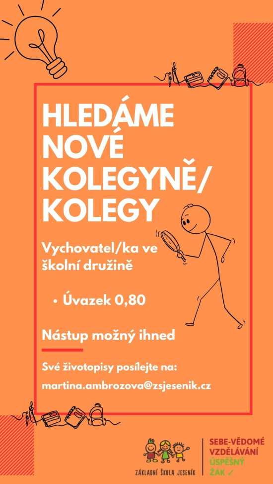 Hledáme vychovatele / vychovatelku do školní družiny