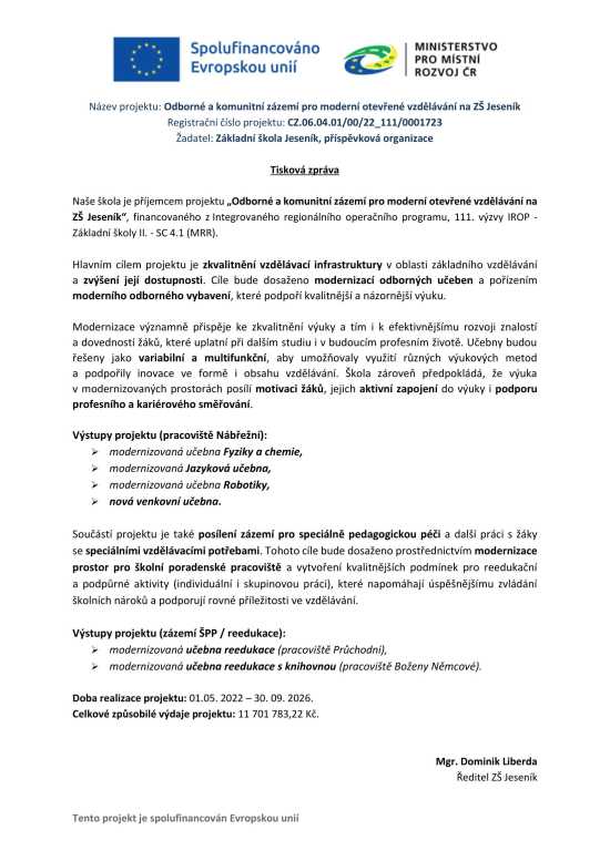 ZŠ Jeseník rozvíjí moderní vzdělávání díky projektu IROP